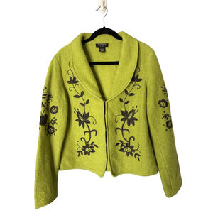 Clothes by Revue Wool Cardigan Lime Green Floral Embroidery Size L